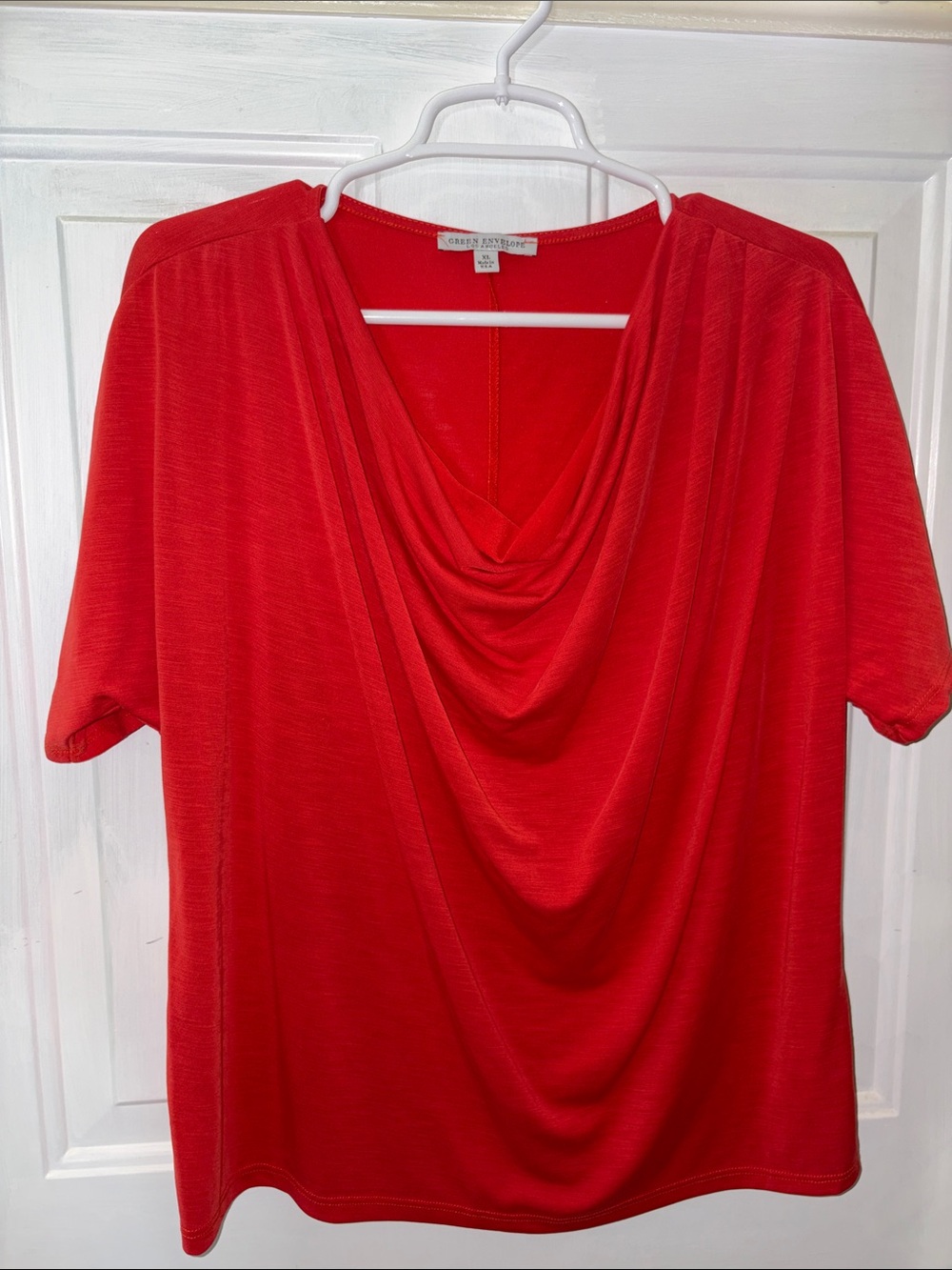 Green Envelope Tangerine Color Draped Cowl Neck Short Sleeve Top